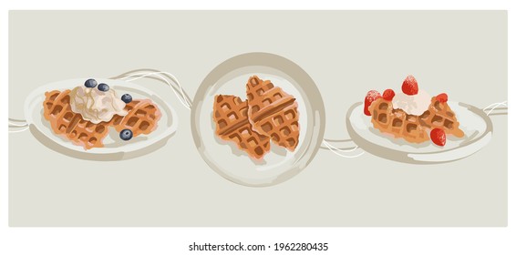 Croffle. Croissant waffles with ice cream, blueberries and strawberries. Dessert South Korea. Sweet food for tea. Simple cooking