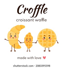 Croffle family concept. Print of croissant, waffle and croffle holding hands with text. Flat vector isolated on white background.