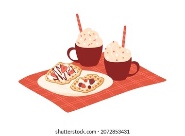 Croffle and hot drink with cream, candy, marshmallow. Sweet dessert on plate with berries, strawberry and chocolate topping. Cocoa and waffle on tablecloth with cage. Cozy, winter vector illustration.