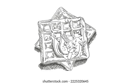 Croffle vector white background. Waffle belgian. Scetch simple. Black and white