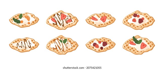 Croffles set. Sweet waffles collection with different toppings: strawberry slices, raspberry, blueberries, orange, mint leaves, cream, caramel and chocolate syrup. Vector illustration with dessert.