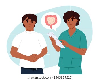 Semana da Consciência de Crohns e Colite. Médico com tablet falando com uma paciente sorridente do hospital. Ilustração vetorial em estilo plano