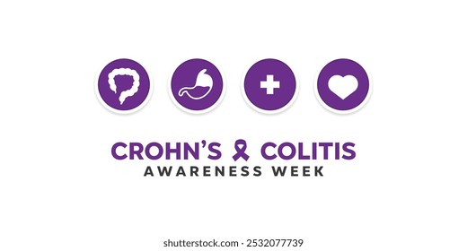 Crohns and Colitis Awareness Week. Colitis, stomach, plus icon and heart. Great for cards, banners, posters, social media and more. White background. 