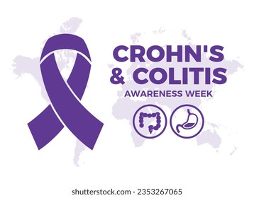 Crohn's and Colitis Awareness Week vector illustration. Inflammatory Bowel Disease symbol. Crohn's disease and ulcerative colitis purple awareness ribbon icon vector. Important day