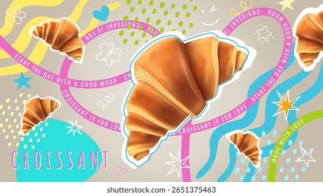 Croissant ad. Bakery poster. Retro doodle background. Cartoon typography. Cut-out food sticker. Vintage Y2K flour shape. Classic bread for breakfast. Marketing phrase. Vector advertising banner design