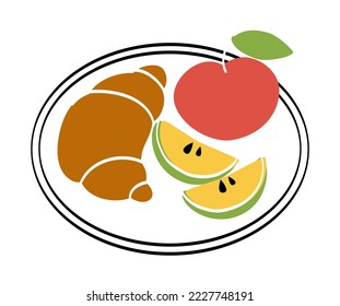 Croissant with apple. Dessert and delicacy, sweet for tea or coffee. Traditional morning breakfast ritual. Poster or banner for website. Vitamins and trace elements. Cartoon flat vector illustration