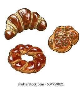 Croissant, Bagel, Garlic Bread, Full Color Hand Drawn Vector Illustrations