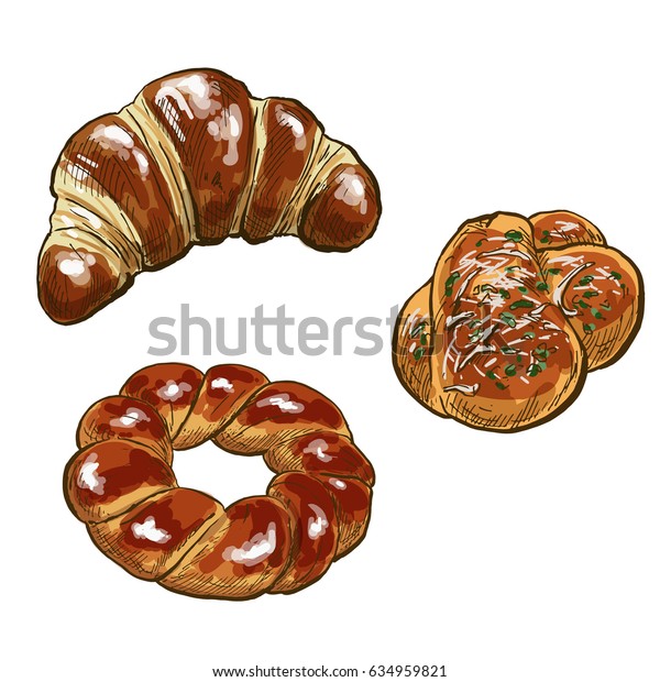 Croissant Bagel Garlic Bread Full Color Stock Vector Royalty Free 634959821