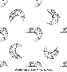 Croissant, bagel, pastry, roll freehand drawing in black and white. Seamless texture. Background