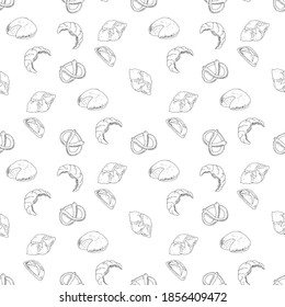 Croissant, baguette, bagel, bread, pastries. Seamless pattern. Vector illustration. Sketch.