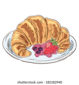 Croissant and berries. Vector color sketch illustration