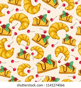 Croissant and biscuit seamless pattern. Vector illustration, cartoon style