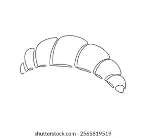 Croissant, black and white graphic illustration with one continuous line, contour drawing, vector, hand-drawn. Delicious bagel for decoration, label, design. French pastries, breakfast.