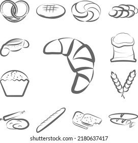 Croissant, bread hand drawn icon in a collection with other items