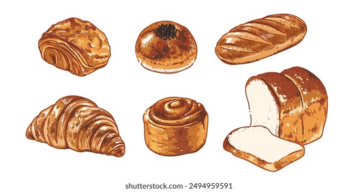 Croissant and Bread in Hand-drawn style set , Bakery sketch. Drawing of food elements. fresh baked bread , badge bakery for design menu cafe, label and packaging Vector illustration