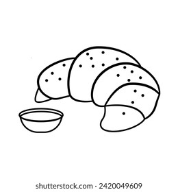 Croissant-Brotgrafik auf weißem Hintergrund. Ganze Sicht. Vektorgrafik von Croissant-Bäckerei mit Marmelade 