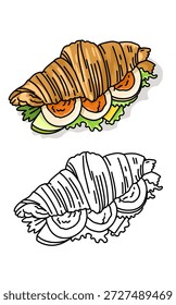 ein Croissant Brot und Salat halb gekochtes Ei Sandwich sind in einer Zeichnung gezeigt. Gesundes Essen zum Frühstück