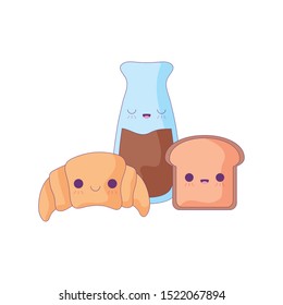 croissant bread with set food kawaii style vector illustration design