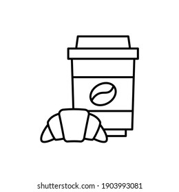 croissant Breakfast and coffee  icon in flat black line style, isolated on white 