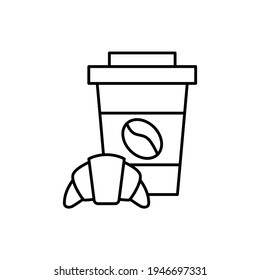 croissant Breakfast and coffee  icon in flat black line style, isolated on white 
