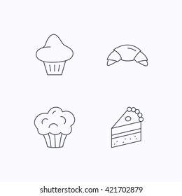 Croissant, brioche and piece of cake icons. Sweet muffin linear sign. Flat linear icons on white background. Vector