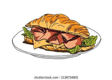 Croissant Bun With Bacon Ham Cheese And Salad. Vector Illustration Clipart