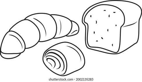 Croissant, bun and bread isolated on white. Outline drawing for grocery design. Vector