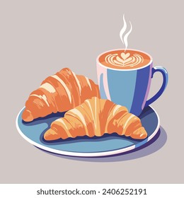 Croissant and cafe latte, illustration drawing