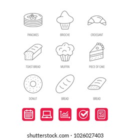 Croissant, cake and bread icons. Muffin, brioche and sweet donut linear signs. Pancakes with syrup flat line icons. Report document, Graph chart and Calendar signs. Laptop and Check web icons. Vector