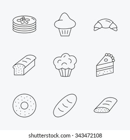 Croissant, cake and bread icons. Muffin, brioche and sweet donut linear signs. Pancakes with syrup flat line icons. Linear black icons on white background.