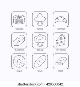 Croissant, cake and bread icons. Muffin, brioche and sweet donut linear signs. Pancakes with syrup flat line icons. Flat linear icons in squares on white background. Vector