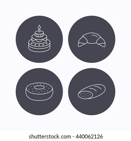 Croissant, cake and bread icons. Sweet donut linear sign. Flat icons in circle buttons on white background. Vector