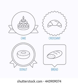 Croissant, cake and bread icons. Sweet donut linear sign. Award medal, star label and speech bubble designs. Vector