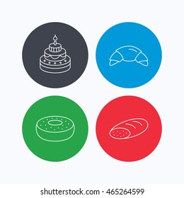 Croissant, cake and bread icons. Sweet donut linear sign. Linear icons on colored buttons. Flat web symbols. Vector