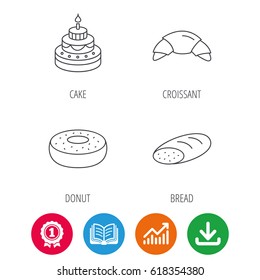 Croissant, cake and bread icons. Sweet donut linear sign. Award medal, growth chart and opened book web icons. Download arrow. Vector