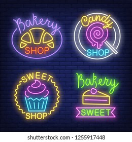 Croissant, candy, cupcake and cake neon signs set with text. Bakery shop advertisement design. Night bright neon sign, colorful billboard, light banner. Vector illustration in neon style.