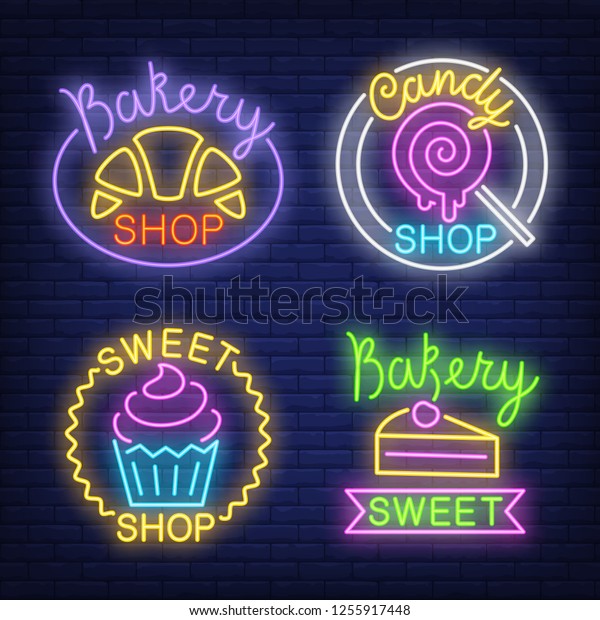Croissant Candy Cupcake Cake Neon Signs Stock Vector Royalty Free