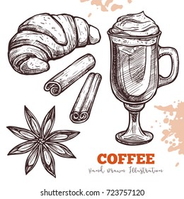 Croissant, cappuccino coffee, anise and cinnamon. Delicious breakfast or snack with coffee cocktail with spices and bakery products. Hand drawn vector sketch Illustration isolated on white.