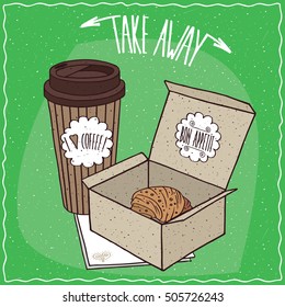 Croissant in carton box and coffee in paper cup, lie on napkin. Take away kit for breakfast concept. Green background. Handmade cartoon style. Vector illustration