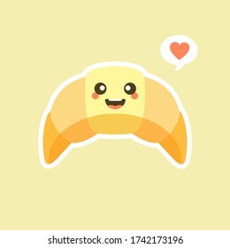 Croissant cartoon character doodle showing some love with flying hearts. Perfect croissant love mascot for your bakery. Funny and cute food logo drawing. Isolated vector illustration.