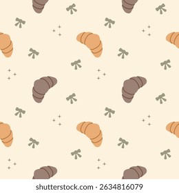 Croissant cartoon so cute. On bow star background. Pattern seamless vector illustration. 