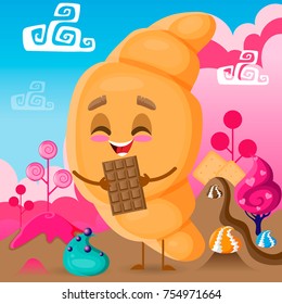 Croissant Character with Chocolate in Candy Sweet Land, Magic World, Cartoon Personage Hand Drawn Vector Illustration EPS 10
