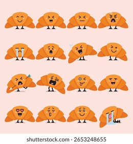 Emoji de personagem croissant definido. Emoticons engraçados de desenhos animados