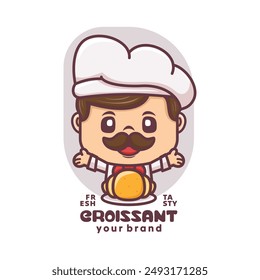 croissant chef cartoon mascot design. for culinary businesses, brand logos, stickers, cartoon identities, stickers, icons, etc.