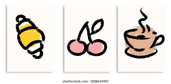 Croissant, cherry and coffee isolated on mock up of paper. Modern art. Doodle style.