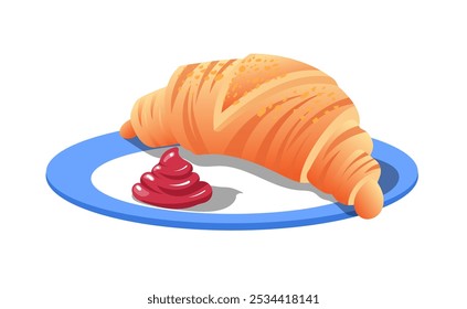 Croissant com geleia de cereja em um pires de borda azul. Ilustração de vetor plano.