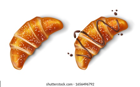 Croissant with chocolate isolated. Realistic traditional french Croissant. Bake sweet dessert product for breakfast or lunch. Vector illustration.