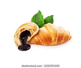 Croissant with chocolate and mint leaves. Vector illustration.