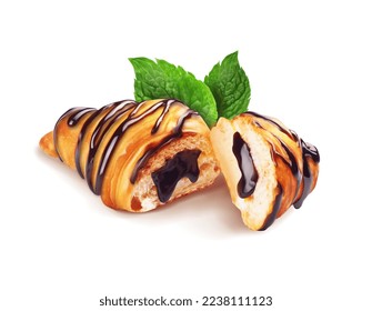 Croissant con hojas de chocolate y de menta. Ilustración vectorial.