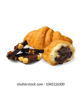 Croissant with chocolate and nuts. Symbols of baking. Design elements for cake packaging. Vector illustration. Sweets in triangulation technique. Image low poly.